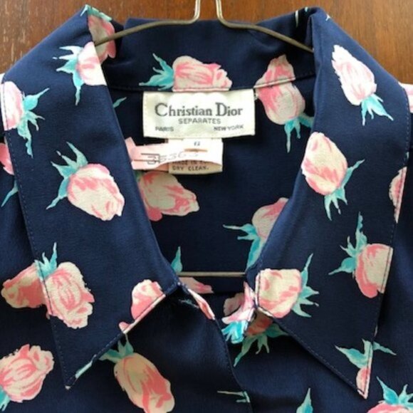 DIOR Silk Navy Pink Rose Long Sleeve Blouse 6 Vintage - Picture 7 of 14